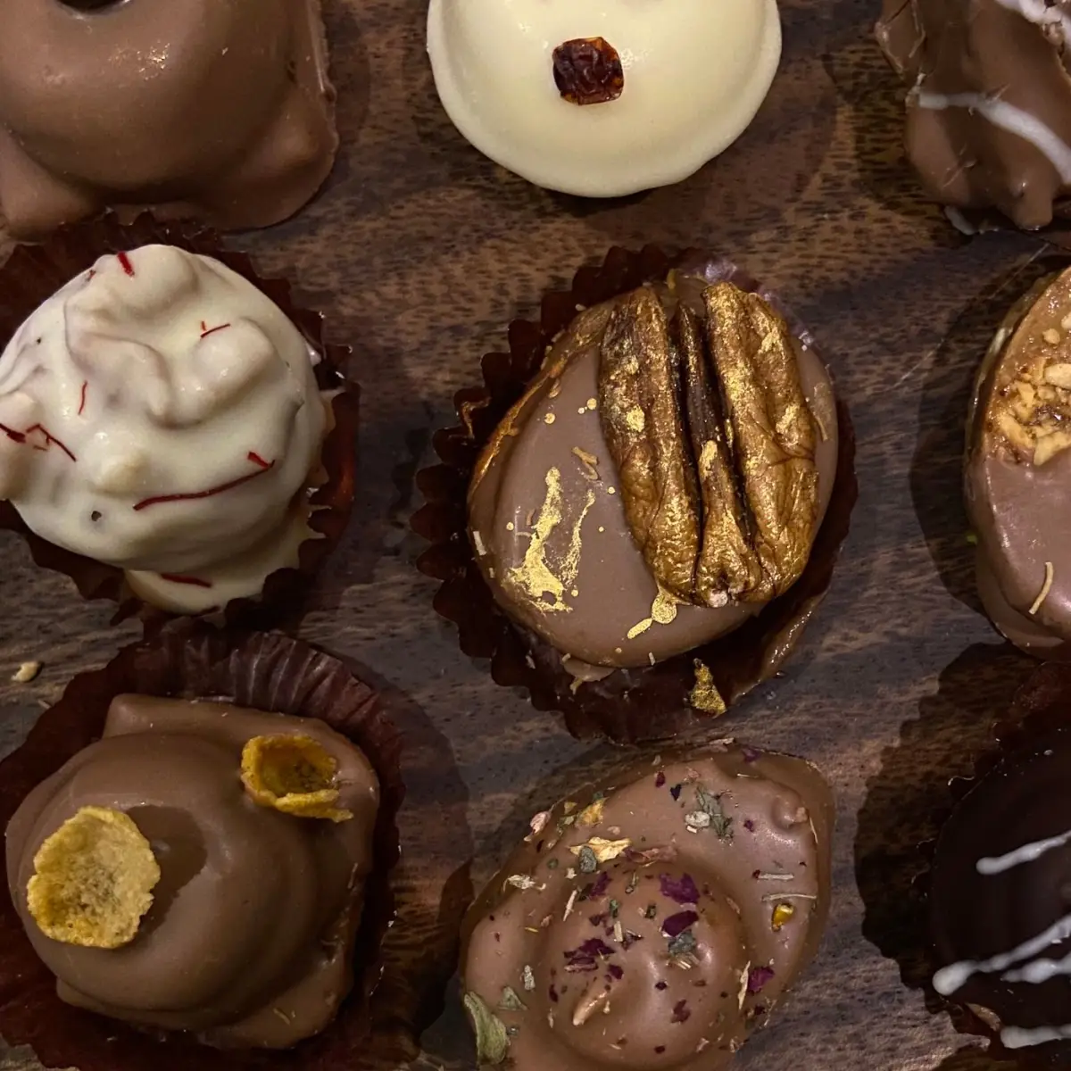 Handmade Belgian pralines close up